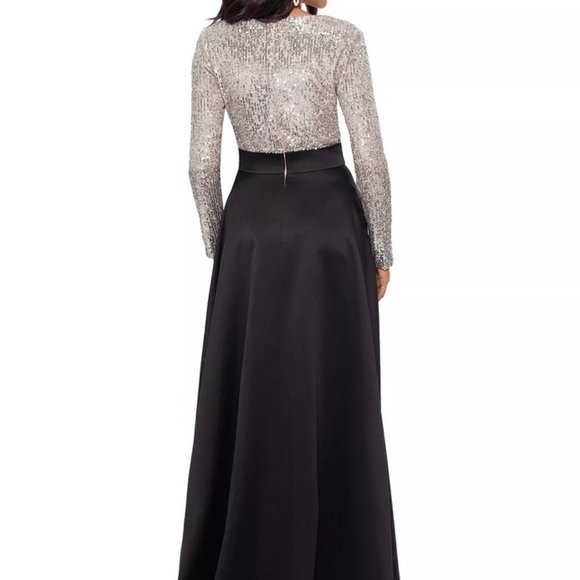 Xscape Silver Sequin-Top Black Taffeta Ball Gown - Picture 5 of 7